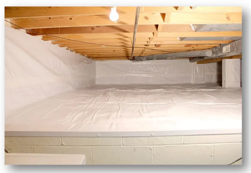Crawl space waterproofing system diagram showing drainage, vapor barrier, and sump pump